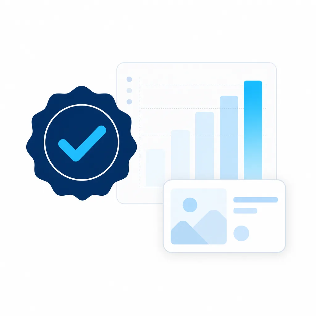 Verification check badge with a small data bar and preview tag on light background. Honest-by-design trust visual.