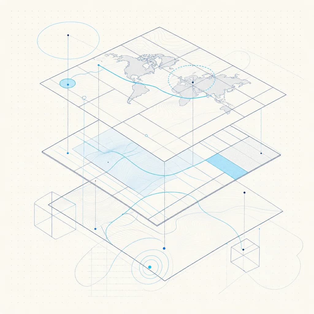 Layered translucent market-map planes with faint sector grids. Consulting/strategy motif.