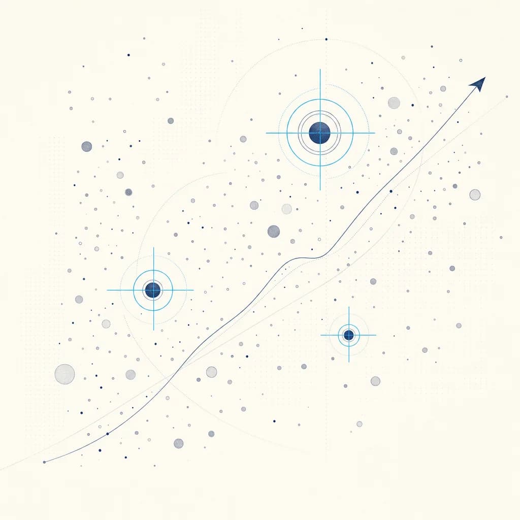 Sky-blue crosshair locking onto select high-value nodes among faint company nodes. Investors/M&A motif.