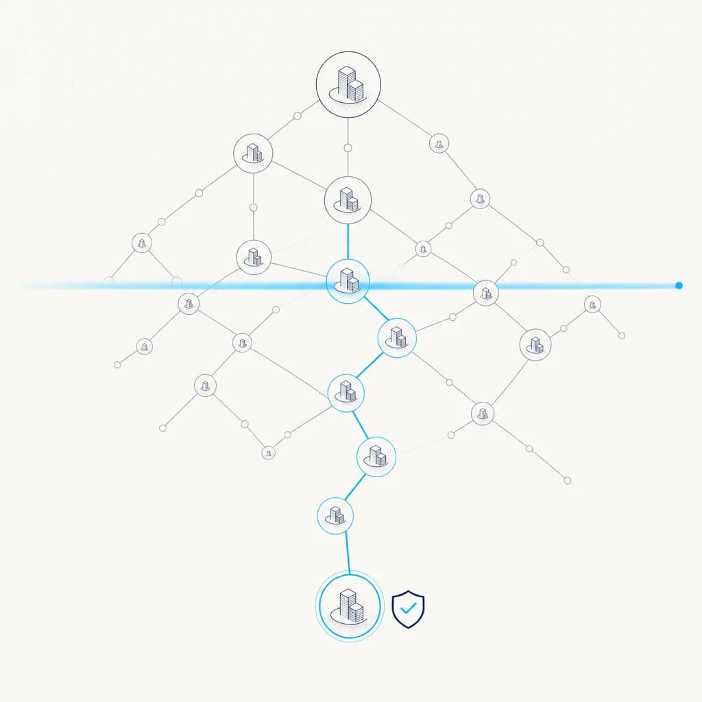 Scanning sweep over a node network revealing hidden connections, verification shield. Risk/KYB motif.