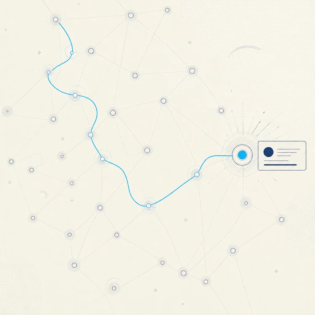 Company node network with a lit path converging on one bright target node. Sales & BD motif.