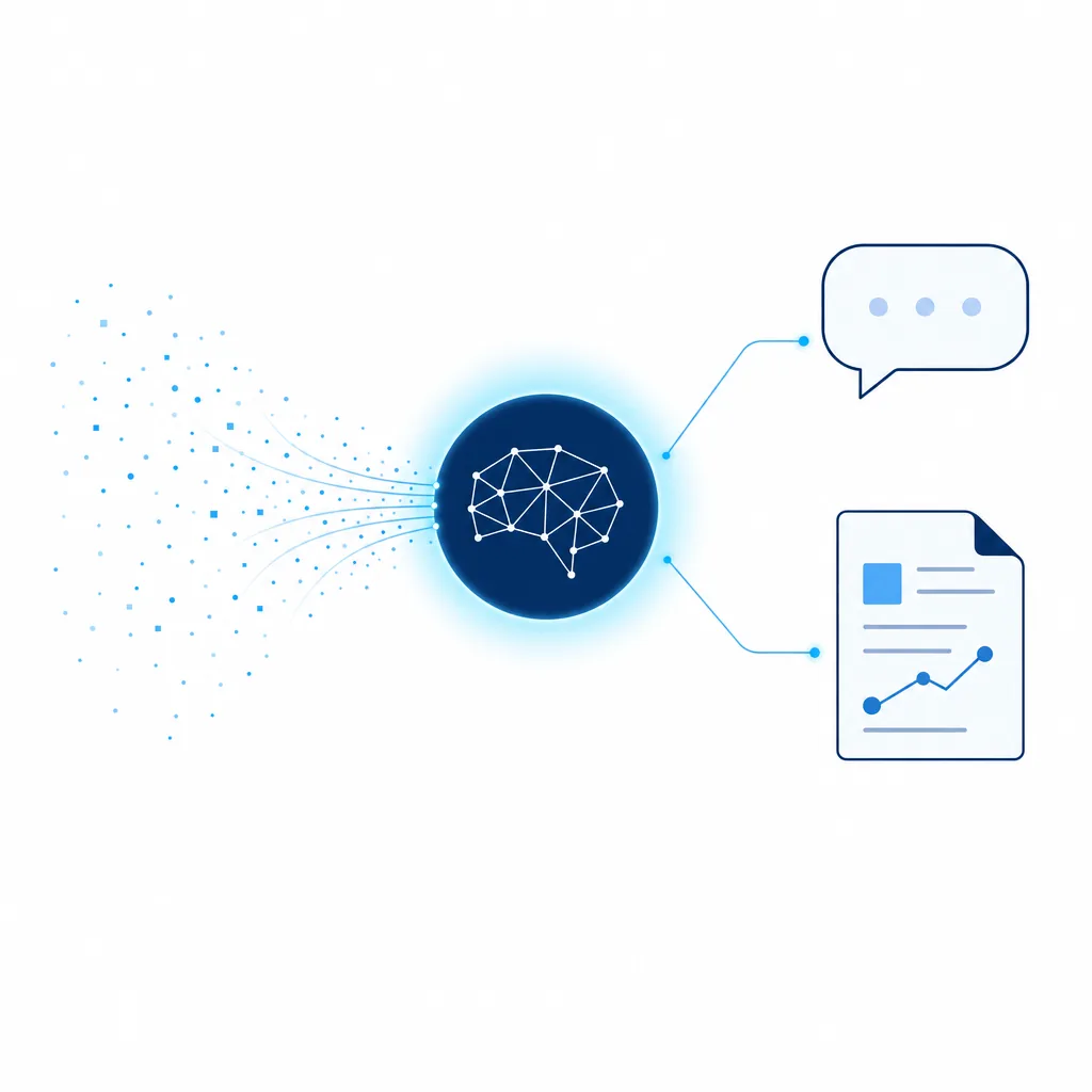 MATA AI concept: a glowing AI node linking to a chat bubble and a research document.