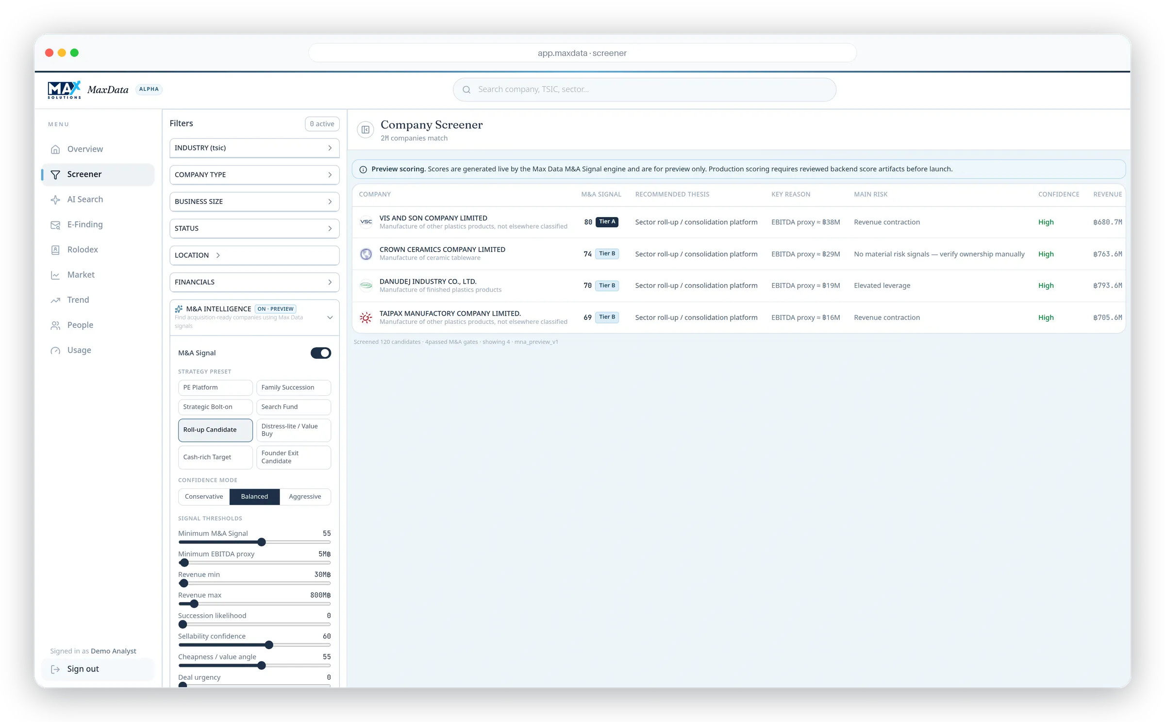 Screener with M&A Intelligence: strategy presets and scored Tier A and B acquisition candidates.