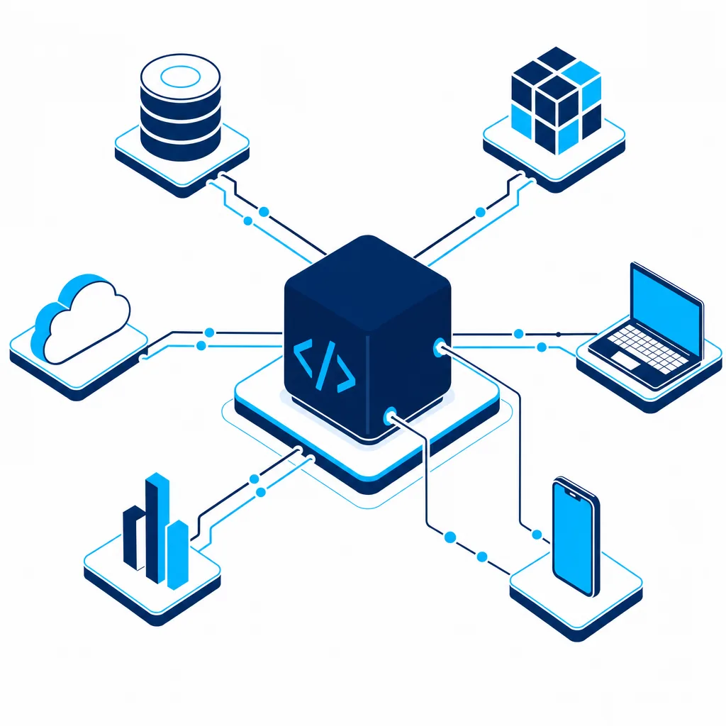 Structured data flowing from a central hub to endpoints, faint code-bracket motif. Developers/API visual.
