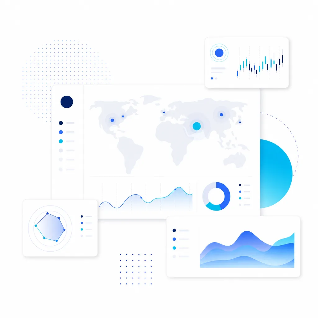 Floating translucent panels hinting at charts and a map. Custom dashboards concept visual.