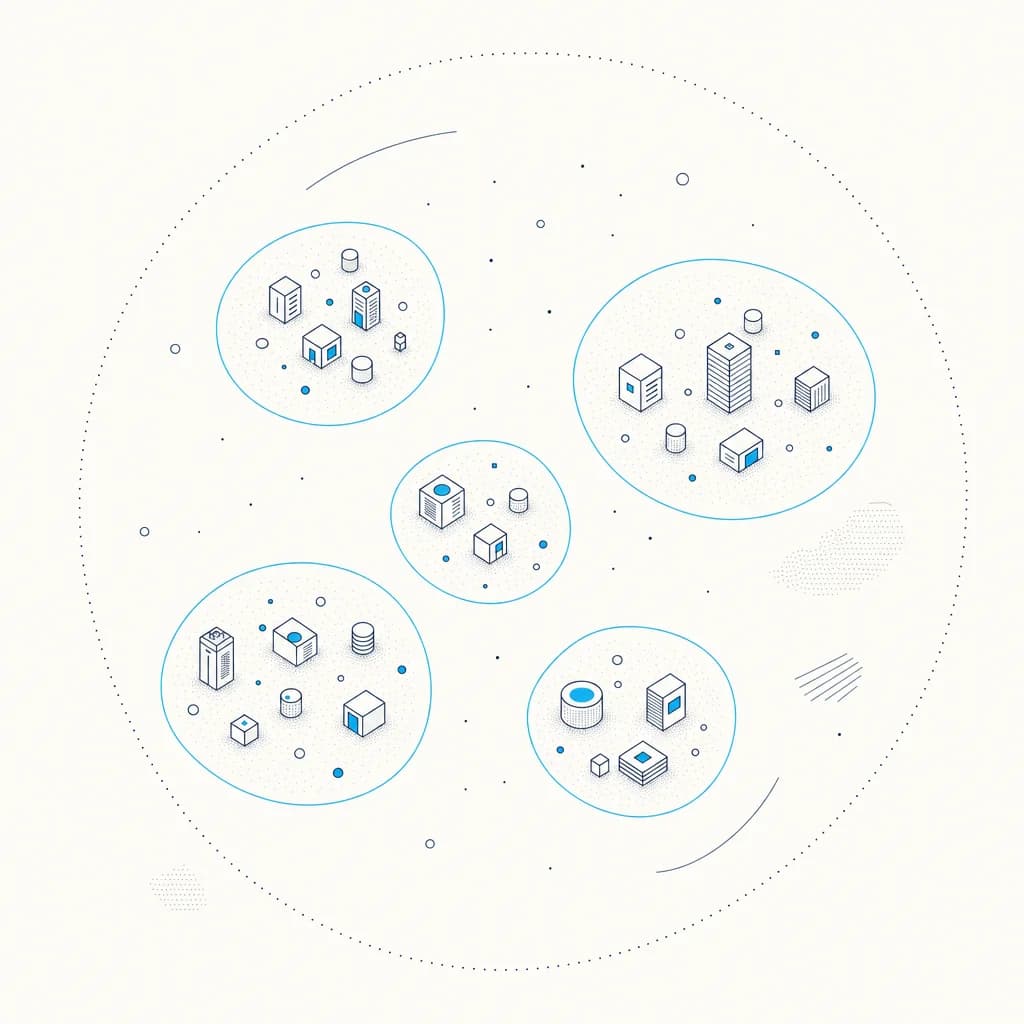 A field of company nodes grouped into glowing sky-blue segments. Marketing TAM/segmentation motif.