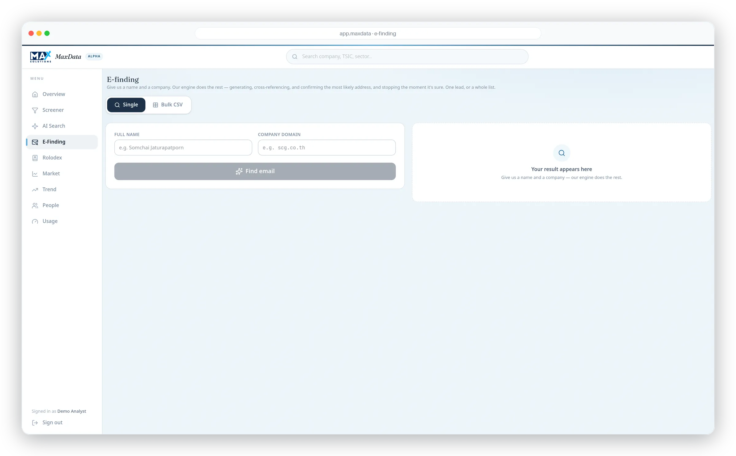 E-Finding single lookup: find a verified work email from a name and company.